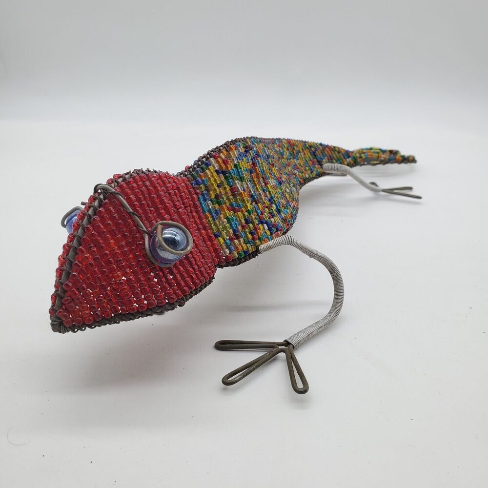 BEADWORX Grassroots Creations Green Gecko Lizard Glass Bead Wire Sculpture 14"